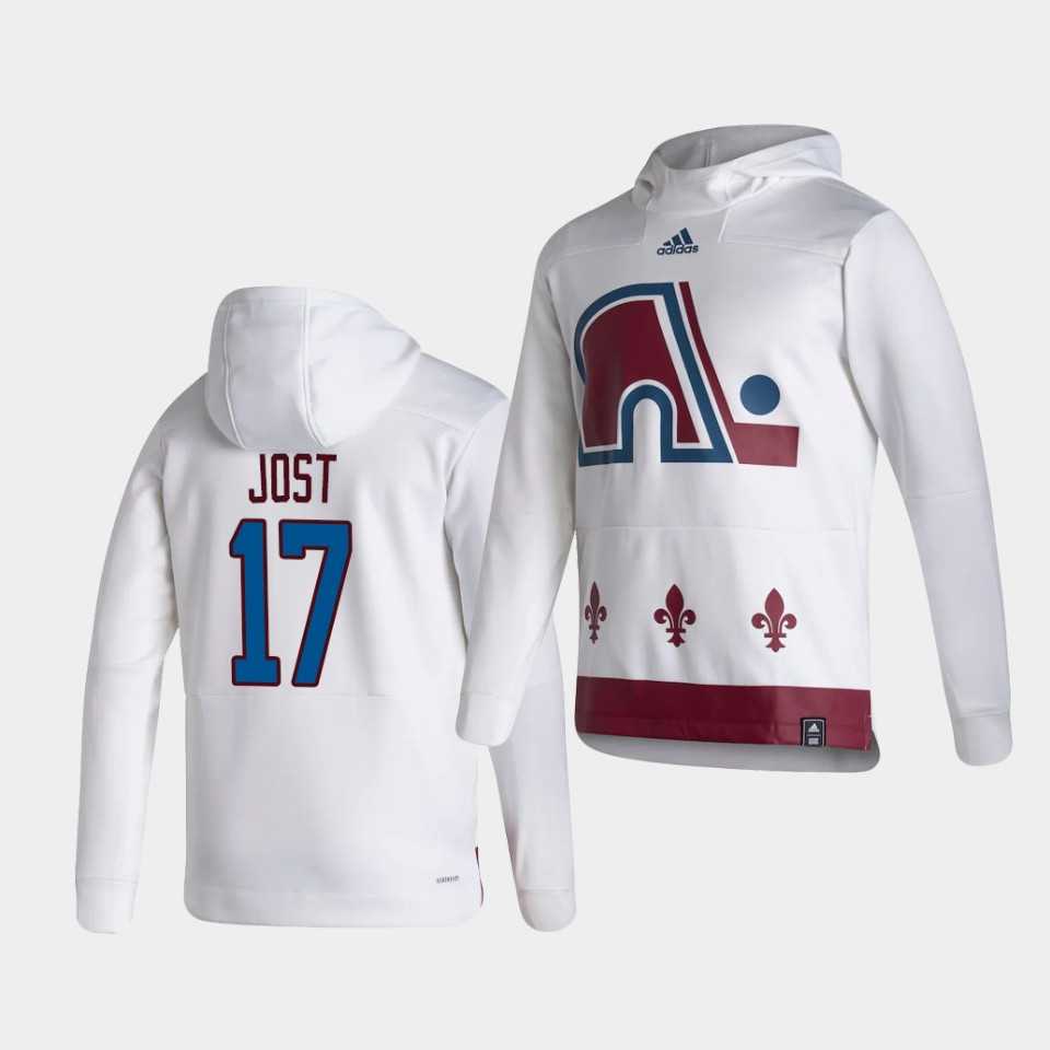 Men Colorado Avalanche 17 Jost White NHL 2021 Adidas Pullover Hoodie Jersey